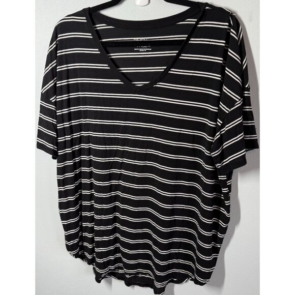 Time & Tru Womens Black/White Striped V-Neck T-Shirt XXL Relaxed Fit Stretch - Picture 1 of 10